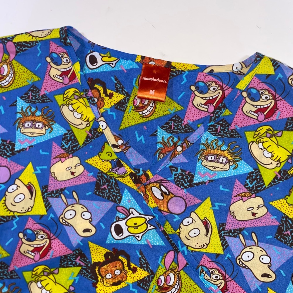 Nickelodeon 90s Cartoon Characters Scrub Top Blue Rugrats Ren Stimpy Rocko Med